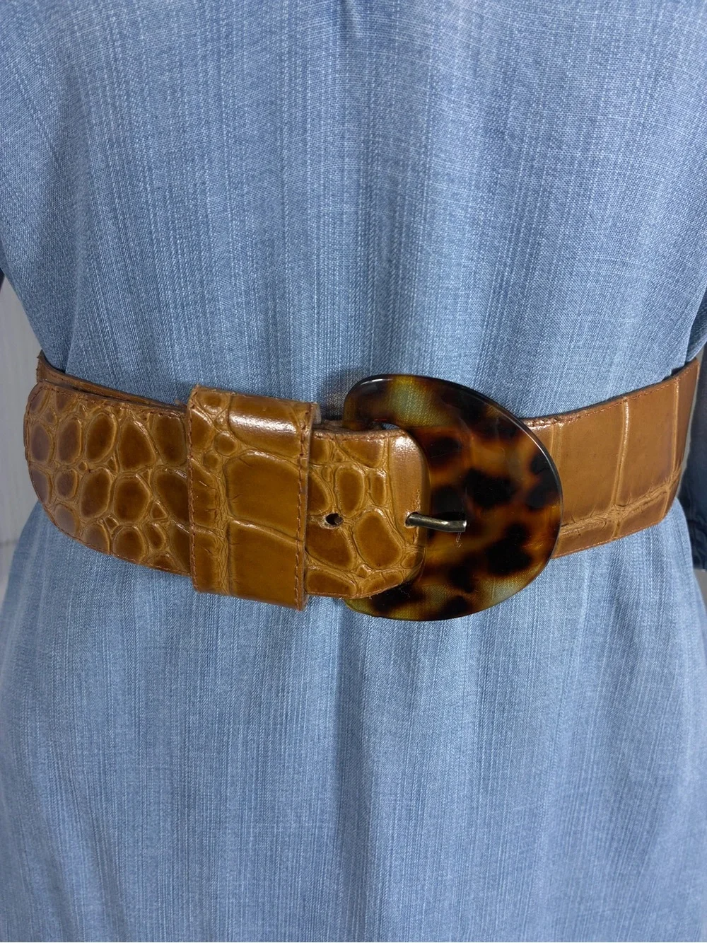 Womens belt 35” long Brown Croc-Textured faux leather Tortoiseshell Buckle
